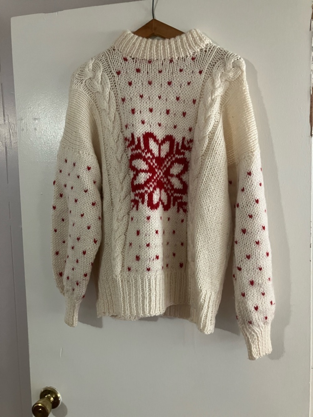 Vintage Cream Cable Knit Turtleneck Sweater with Red Fair Isle Motif